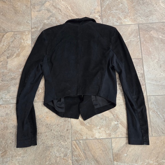 Alice + Olivia Black Goat Leather Suede Draped Open Front Cropped Jacket Small - Picture 6 of 8